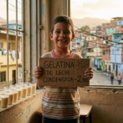 Child selling condensed milk jello cups from a window at home