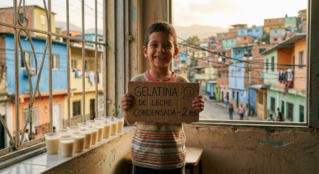 Niño vendiendo gelatinas con leche condensada en vasitos plásticos en la ventana de su casa