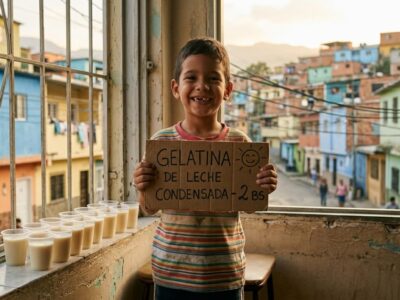Niño vendiendo gelatinas con leche condensada en vasitos plásticos en la ventana de su casa