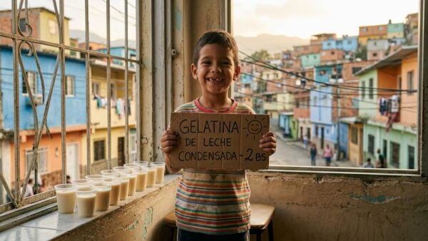 Niño vendiendo gelatinas con leche condensada en vasitos plásticos en la ventana de su casa