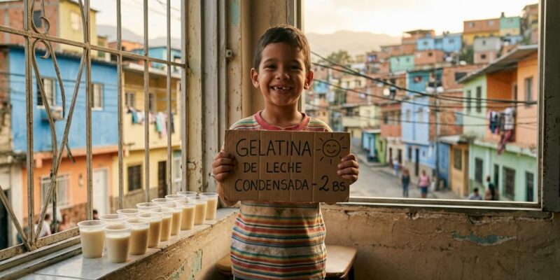 Niño vendiendo gelatinas con leche condensada en vasitos plásticos en la ventana de su casa